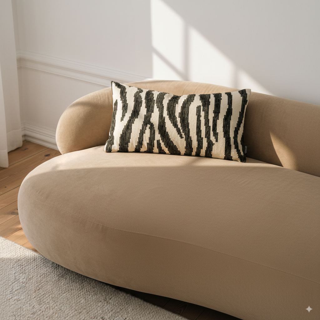 Beiges Sofa mit Zebrakissen aus der Savannah Kollektion von Rohleder.