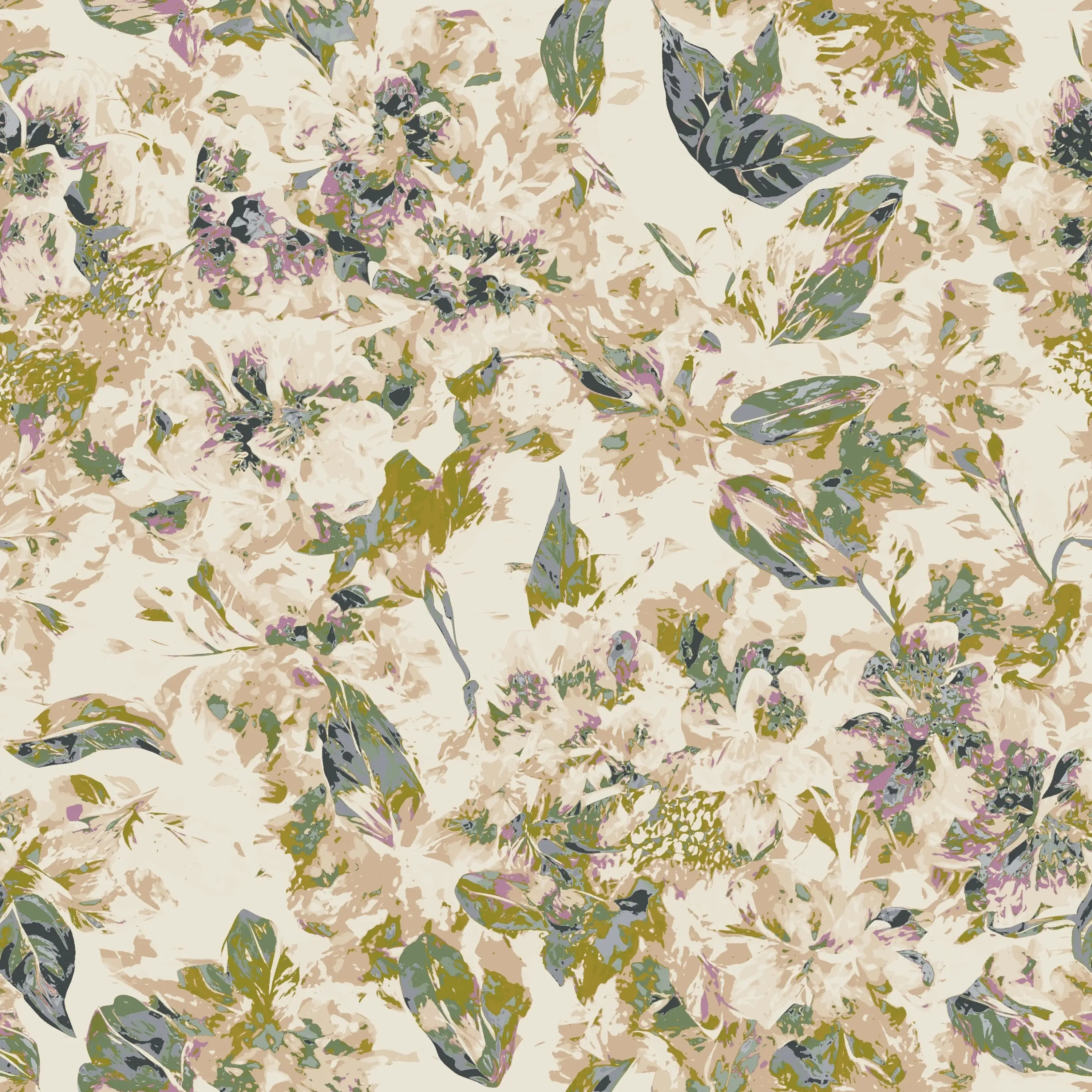 Florales Muster in Beige-, Grün- und Rosatönen mit Blättern und Blüten.