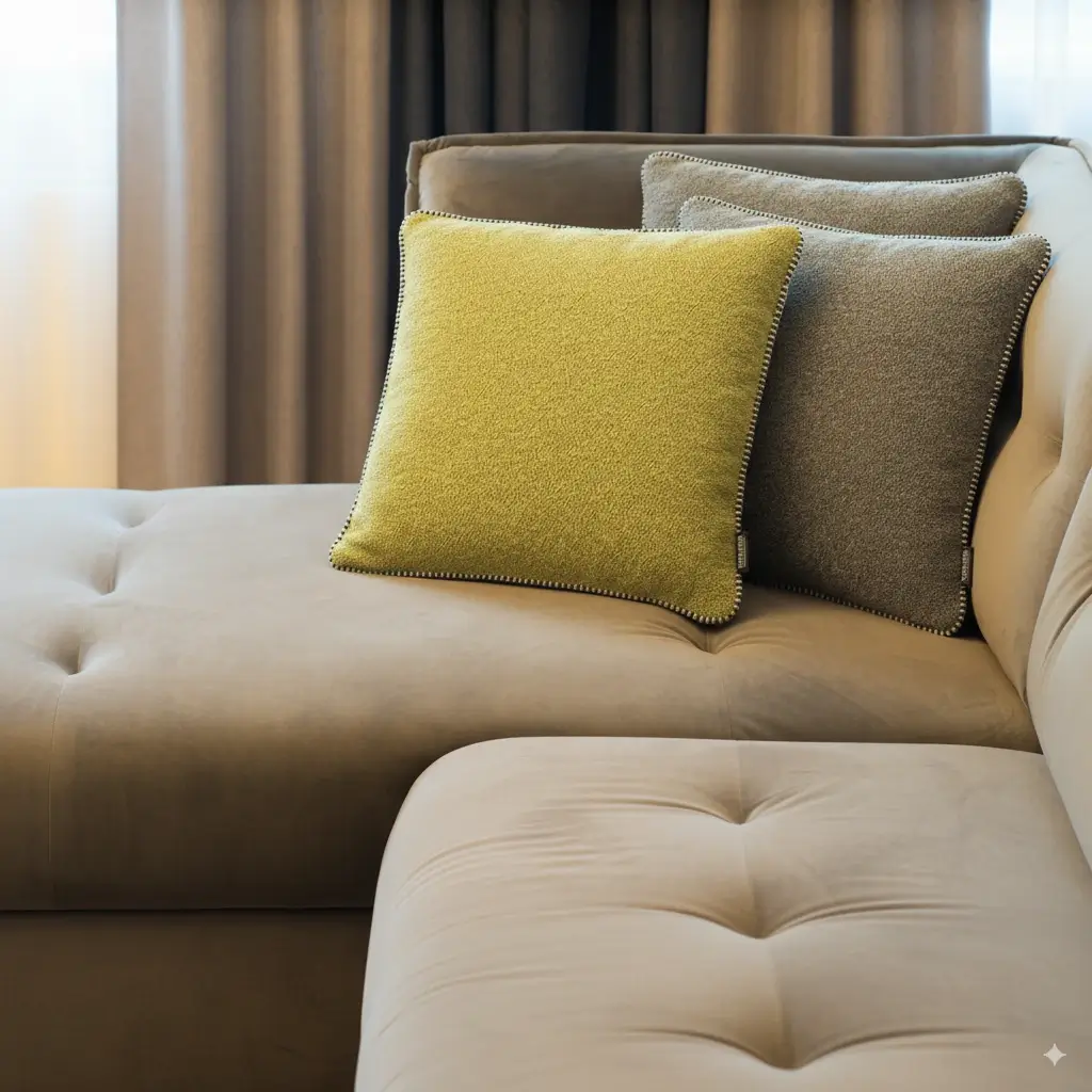 Rohleder Cocoon-Kissen in Grün und Grau auf beigem Sofa.