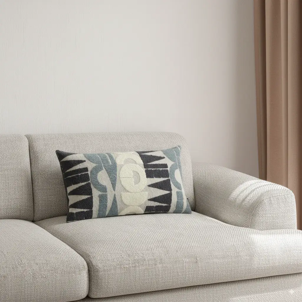 Rohleder Cocoon-Kissen Rune mit geometrischem Muster auf hellem Sofa.