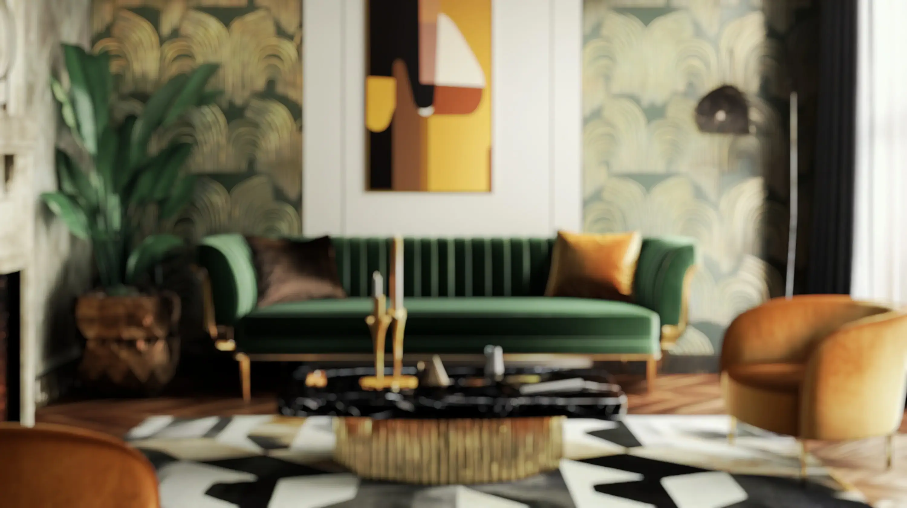 Stilvolles Wohnzimmer im Art-déco-Stil mit grünem Sofa, goldenen Akzenten und gemusterter Tapete.
