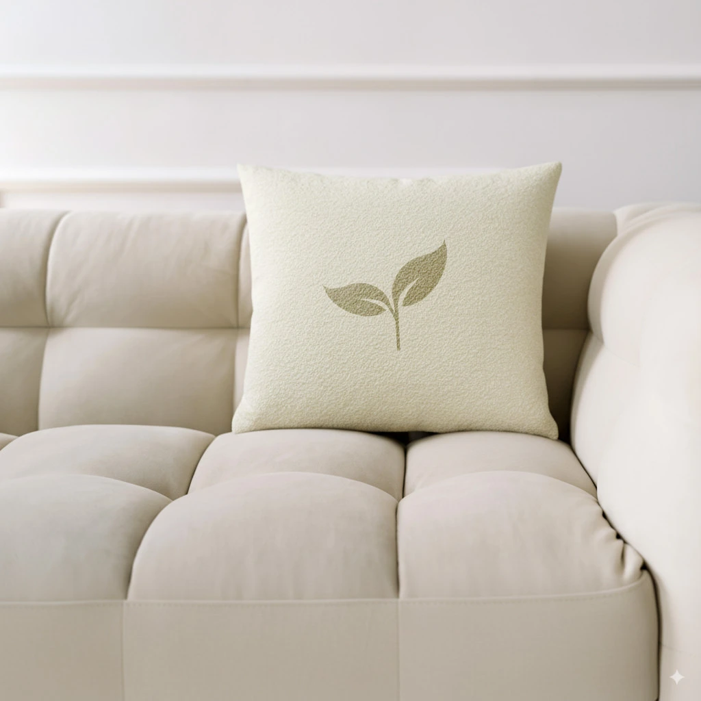 Helles Sofa mit Kissen Ono in Beige mit Blättericon aus der Savannah Kollektion von Rohleder.