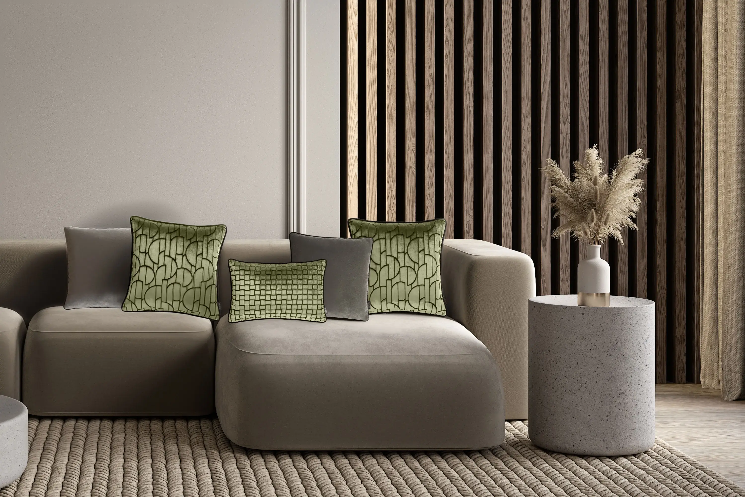 eternity-pine Stylisches Wohnzimmer mit Sofa und grünen Kissen der Eternity-Kollektion von Rohleder.