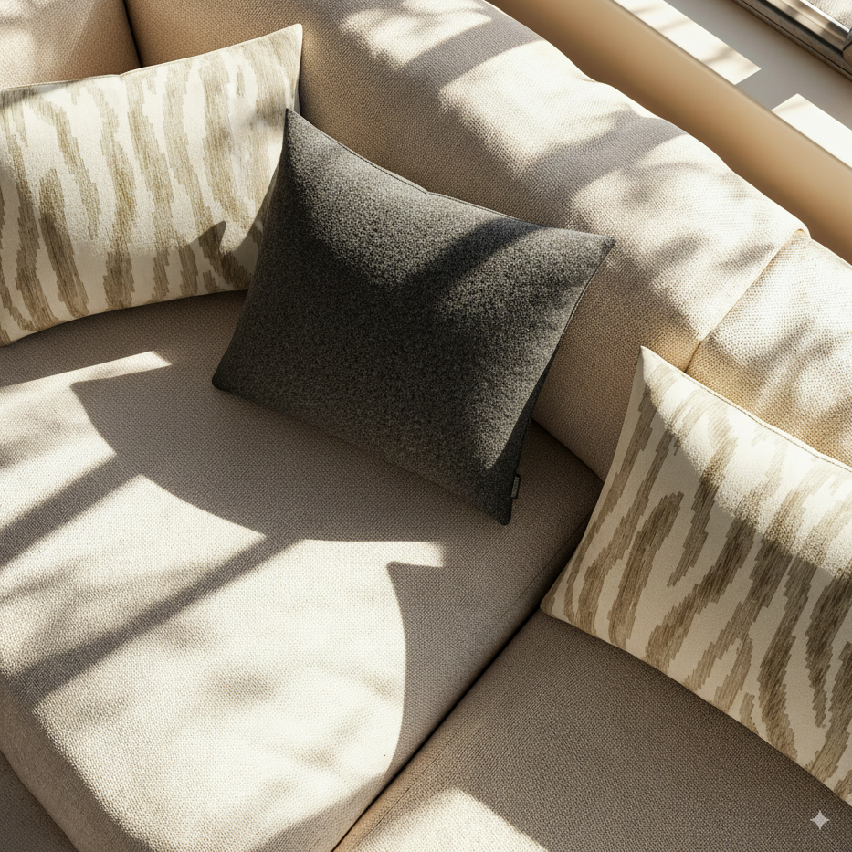 Beiges Sofa mit zwei Zebrakissen im cremefarbenen Muster und einem dunklen Kissen Ono aus der Savannah Kollektion von Rohleder.