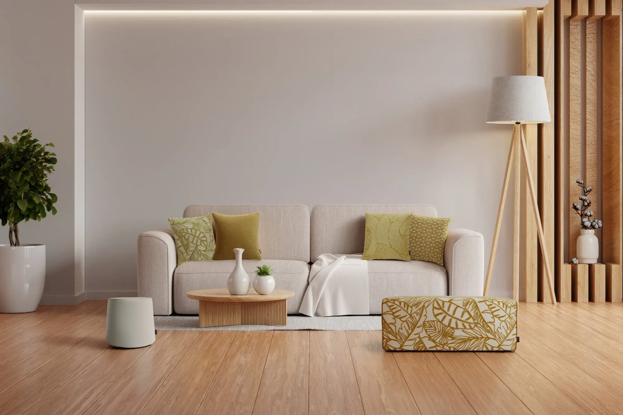 Modern eingerichtetes Wohnzimmer mit Kissen, Ocean Pouf und Ikebana-Cube aus der Zen Garden-Kollektion von Rohleder.